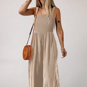 Khaki Casual Women's Vacation Loose Square Neck Jumpsuit